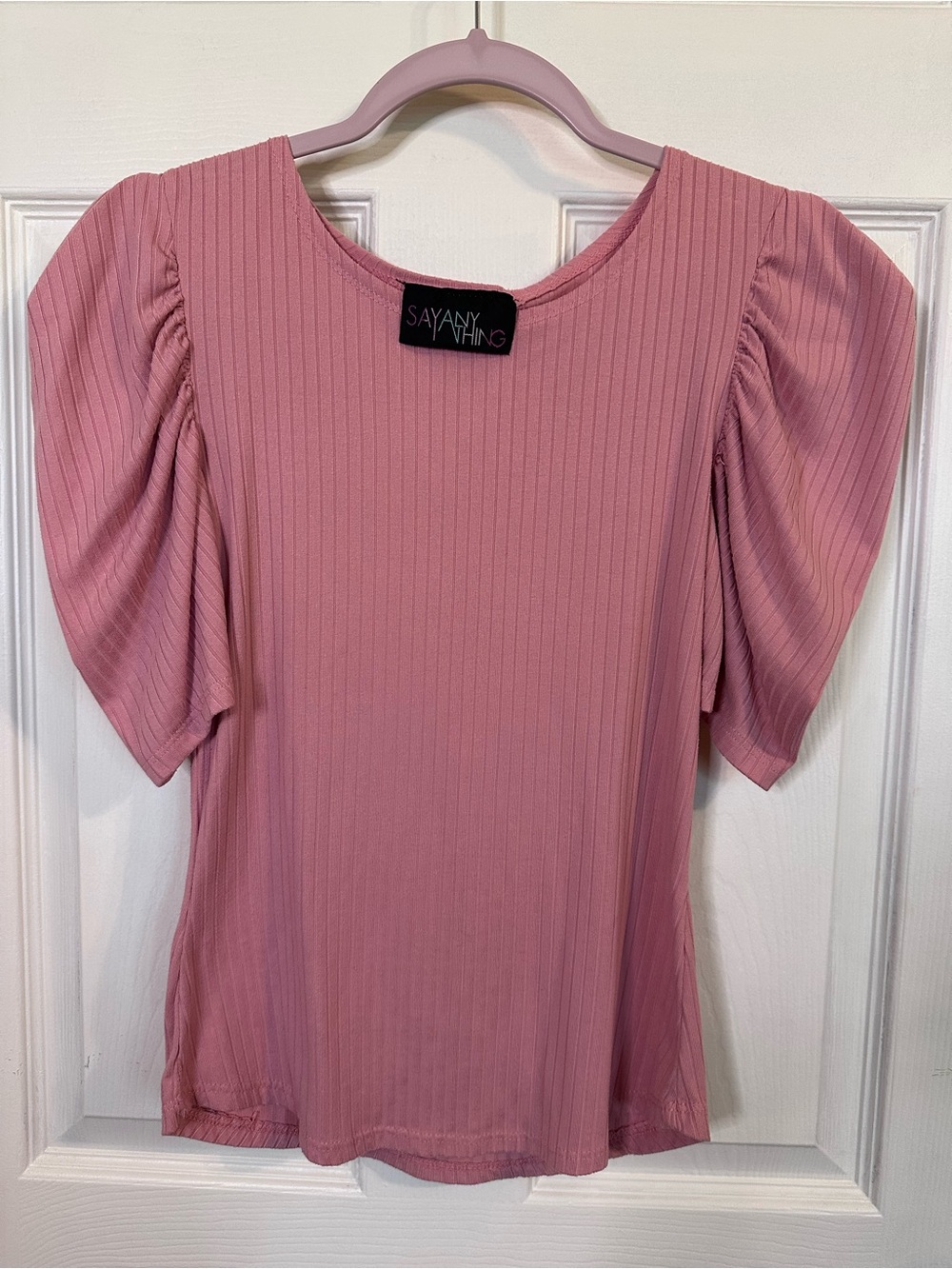 Pink Ribbed Puff-Sleeve Top